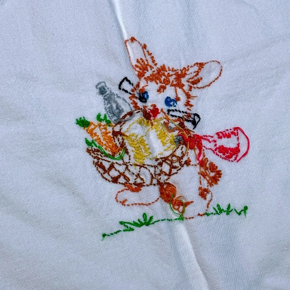 Vintage Tea Towel 2 set White Hand Embroidered Bunny Rabbit Kitchen Cottage gran